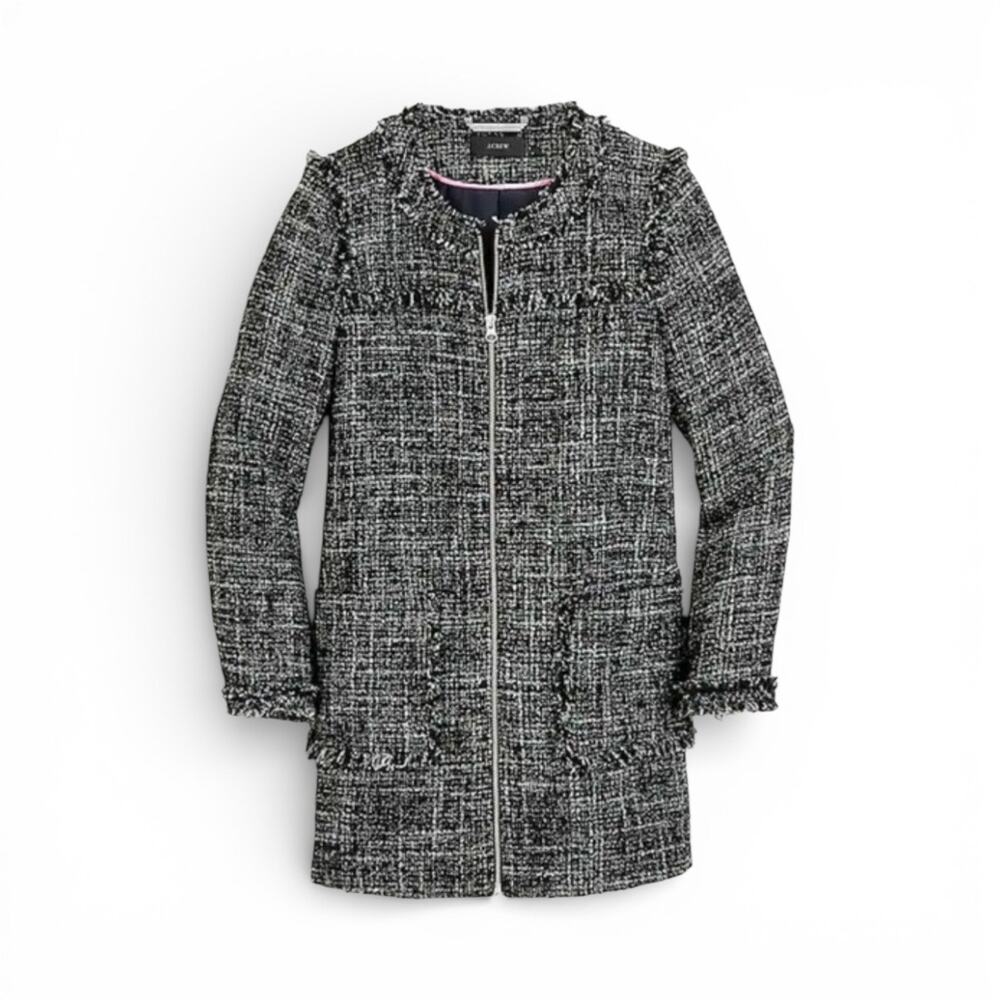 J. CREW Swing Tweed Boucle Lady Coat in Raven Black Size 4 Zip Front Fringe Trim